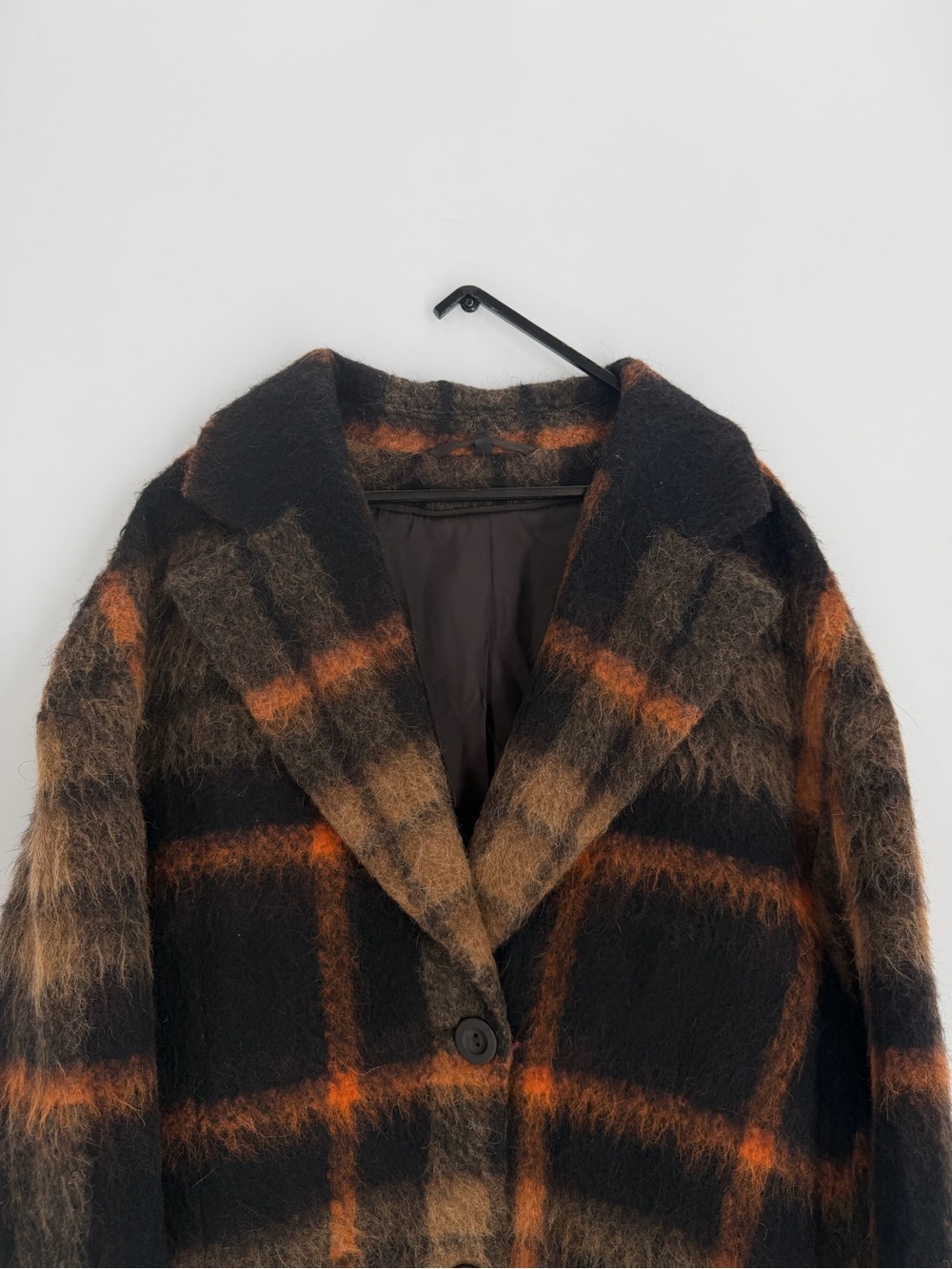 Cos Tailored Checked Alpaca Wool Blend Fuzzy Long Coat In Braun/Orange